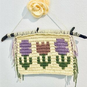 Tapestry Crochet Tulip Garden Wall Art Hanging - Handmade Boho Floral Decor